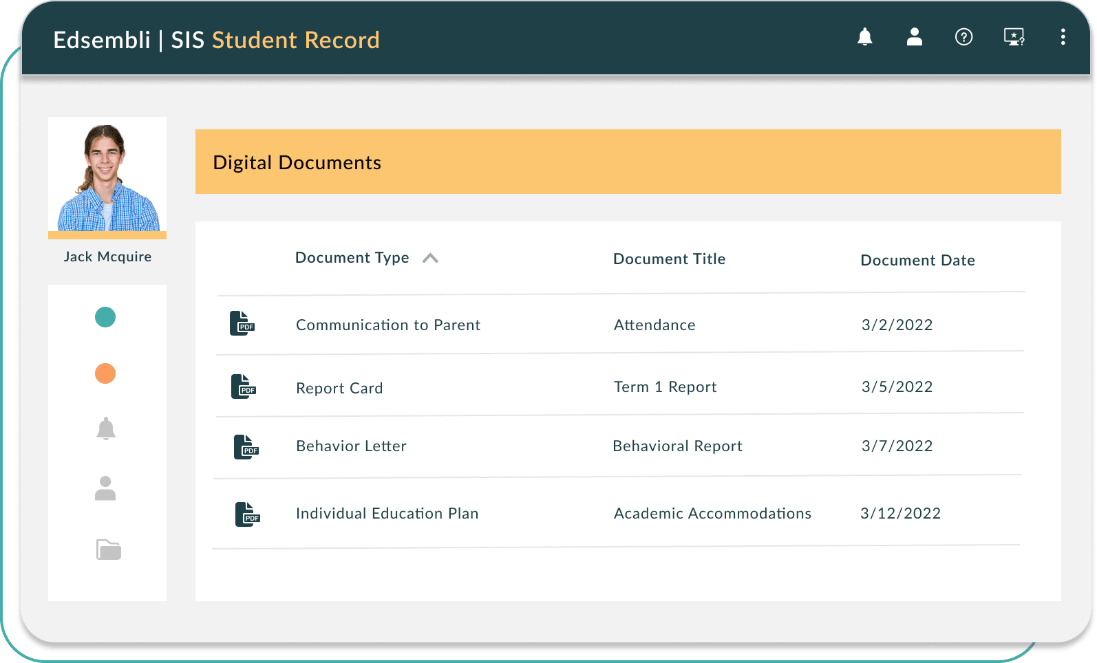 Dashboard of Edsembli | SIS Student Record Digital Documents screen