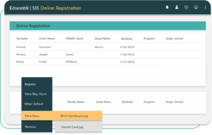 Dashboard of Edsembli | SIS Online Registration and Forms, showcasing choosing a document
