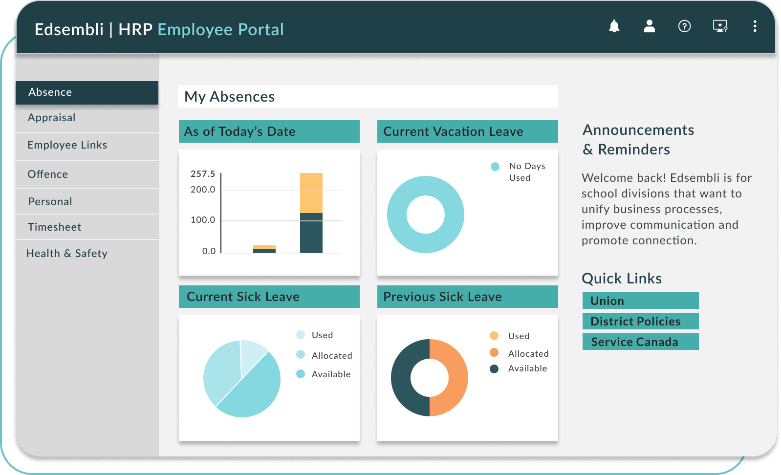 Dashboard for Edsembli | HRP displaying Employee and Manager Self Service Payroll
